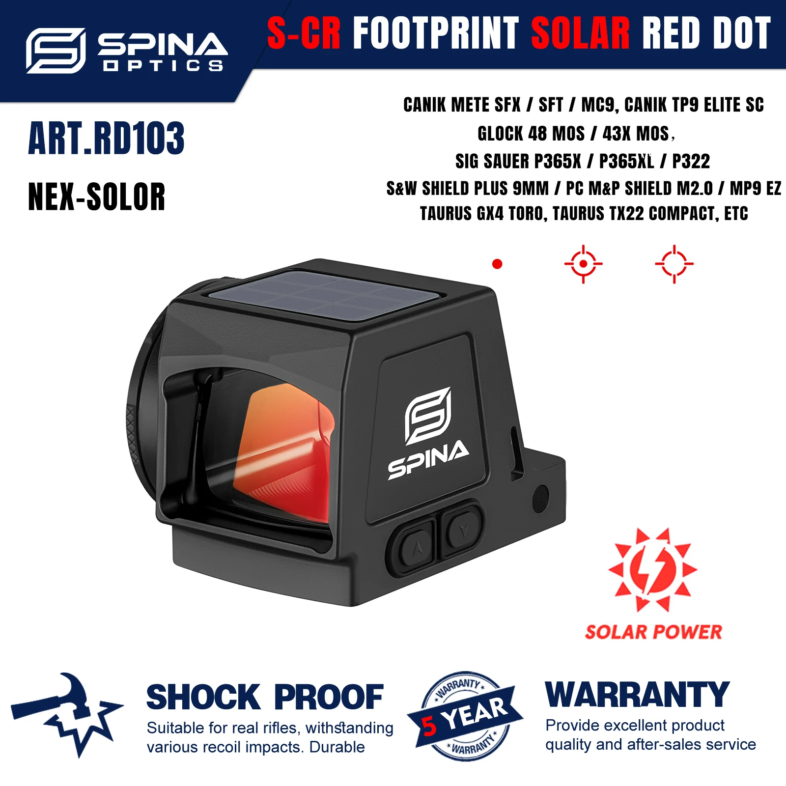 

​​SPINA OPTICS Прицел NEX-Solor с Красной Точкой, 5 лет гарантии, Footprint S-CR RMSc, Совместим с HS407K/507K, Glock48/43x MOS, P365X/XL​​