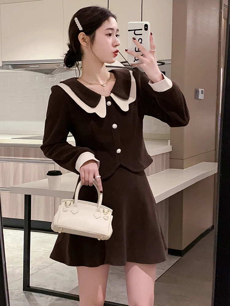 Spring Autumn Retro Corduroy Two-piece Women's Peter Pan Collar Cropped Top Jacket Coats + High Waist Skirt Suits Sweet Outfits