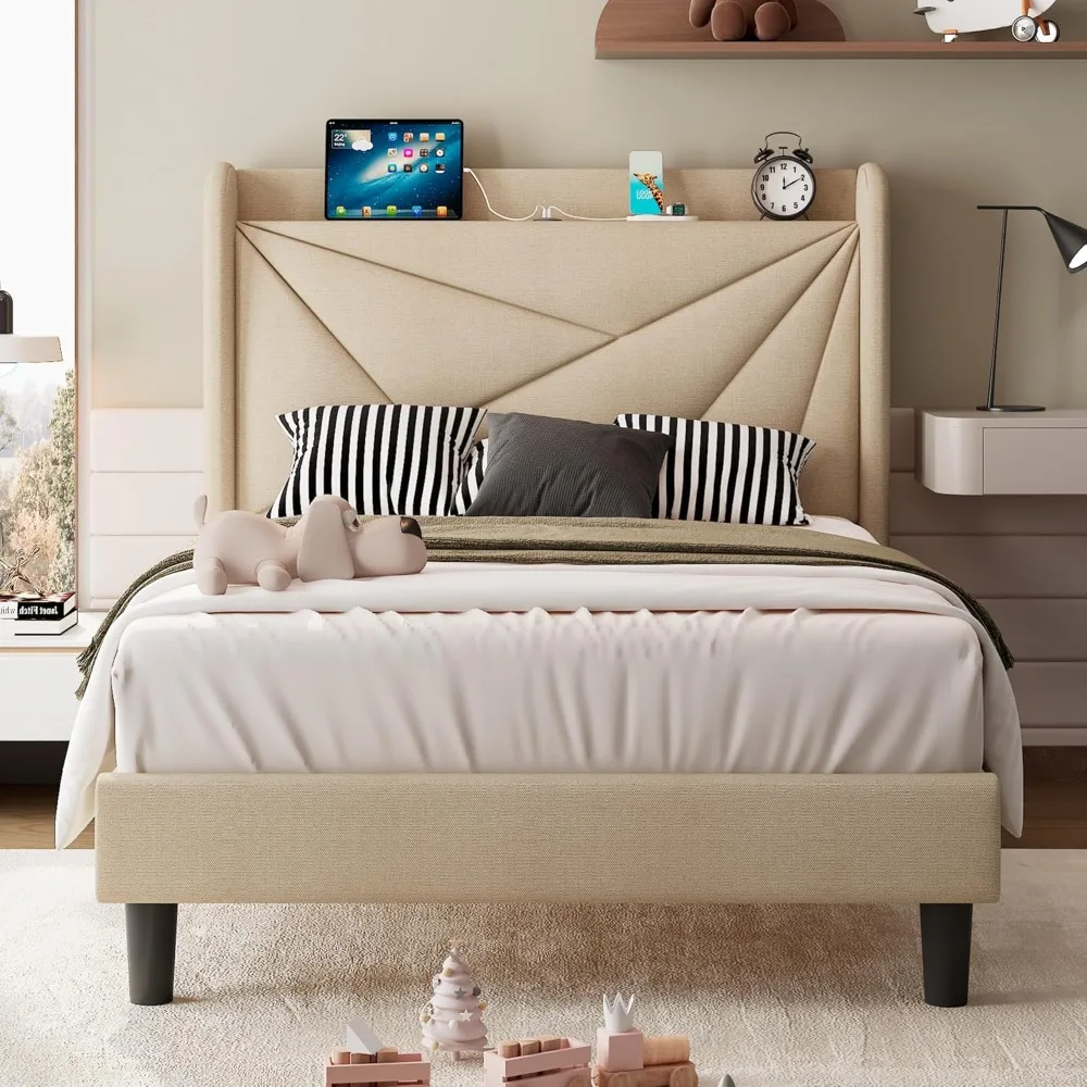 إطار سرير مزدوج الحجم مع محطة شحن، إطار سرير بمنصة كتان مع إطار سرير منجد على اللوح الأمامي بجناح خلفي