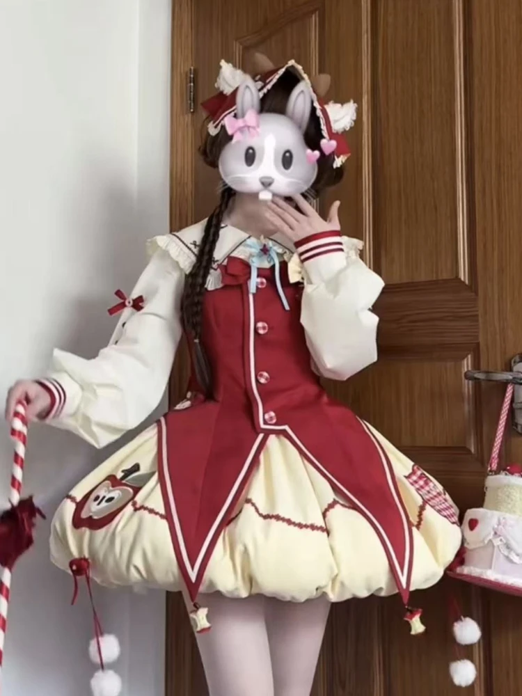 Japanese Sweet Kawaii Lolita 3 Piece Sets Women Kawaii Bow Shirt + Red Vest + Fluffy Skirts Harajuku Vintage Party Chic Outfits view 2