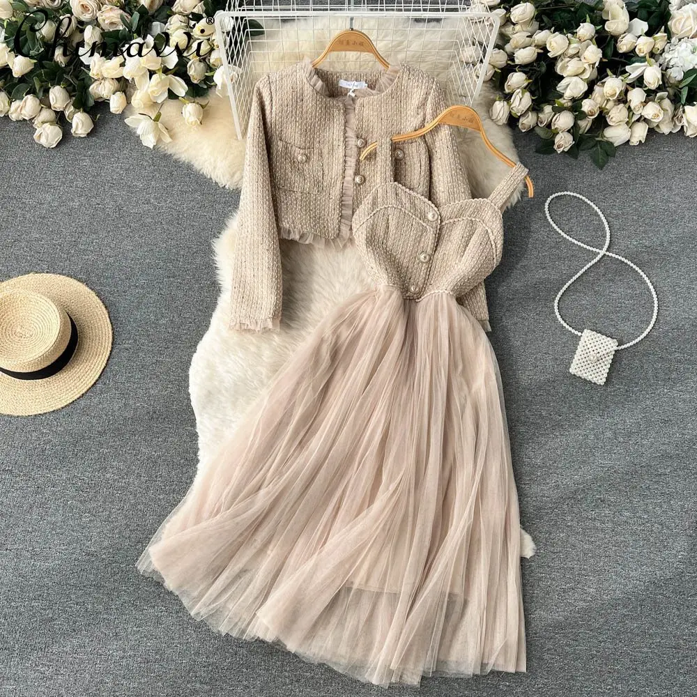 French Elegant Socialite Dress Set Round Neck Single-breasted Short Jacket Sleeveless Sling Mesh Long Dress Two-piece Set Women