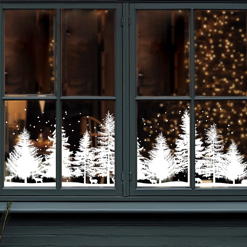 White Window Sticker 30x90cm Christmas Window Cling Static Decal Snowflake Christmas Trees Deer Design Home Office Wall Decals
