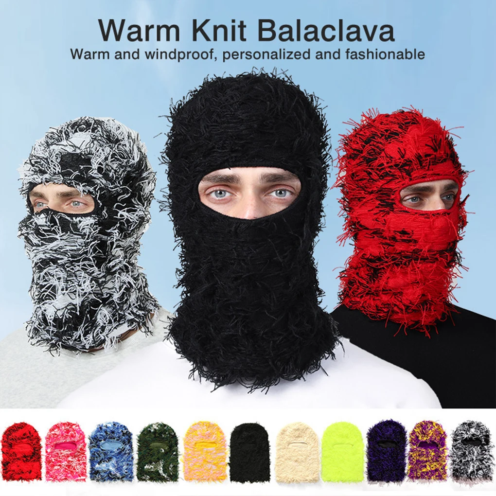 Máscara de esqui de rosto inteiro de malha angustiada para homens mulheres gorros chapéus crânios camuflagem inverno quente bonnet chapéus à prova de vento