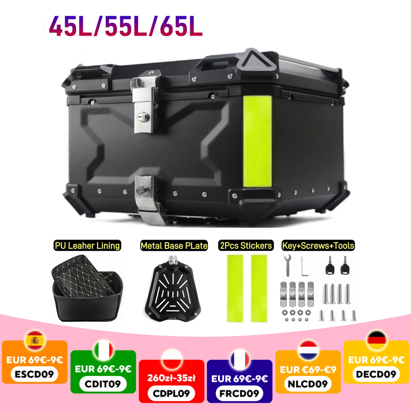 Boîte arrière de coffre de moto 45/55/65l, boîte supérieure universelle en aluminium, fixation rétractable et mécanisme d'attache de sécurité, boîtier supérieur de moto étanche, boîte à outils pour