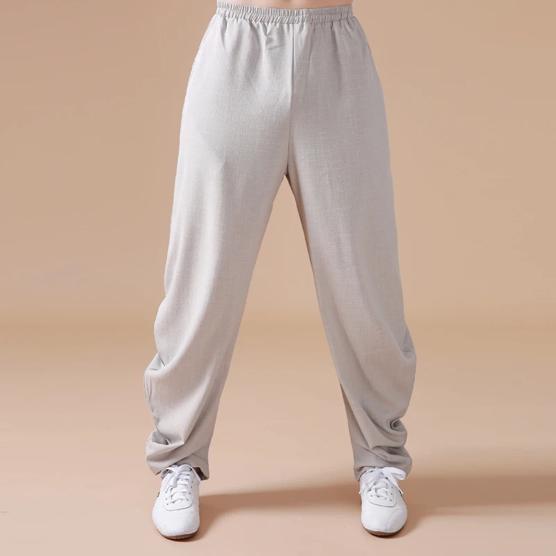 Stretch Linen Tai Chi Pants, Unisex White Harem Pants for Martial Arts & Summer Practice, Loose Training Trousers
