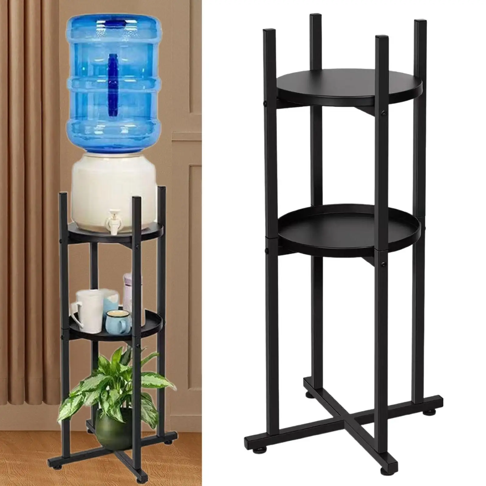 워터 디스펜서 스탠드 물병용 원형 선반 2개가 있는 3단 경량 물 주전자 물병 및 식물 가정용