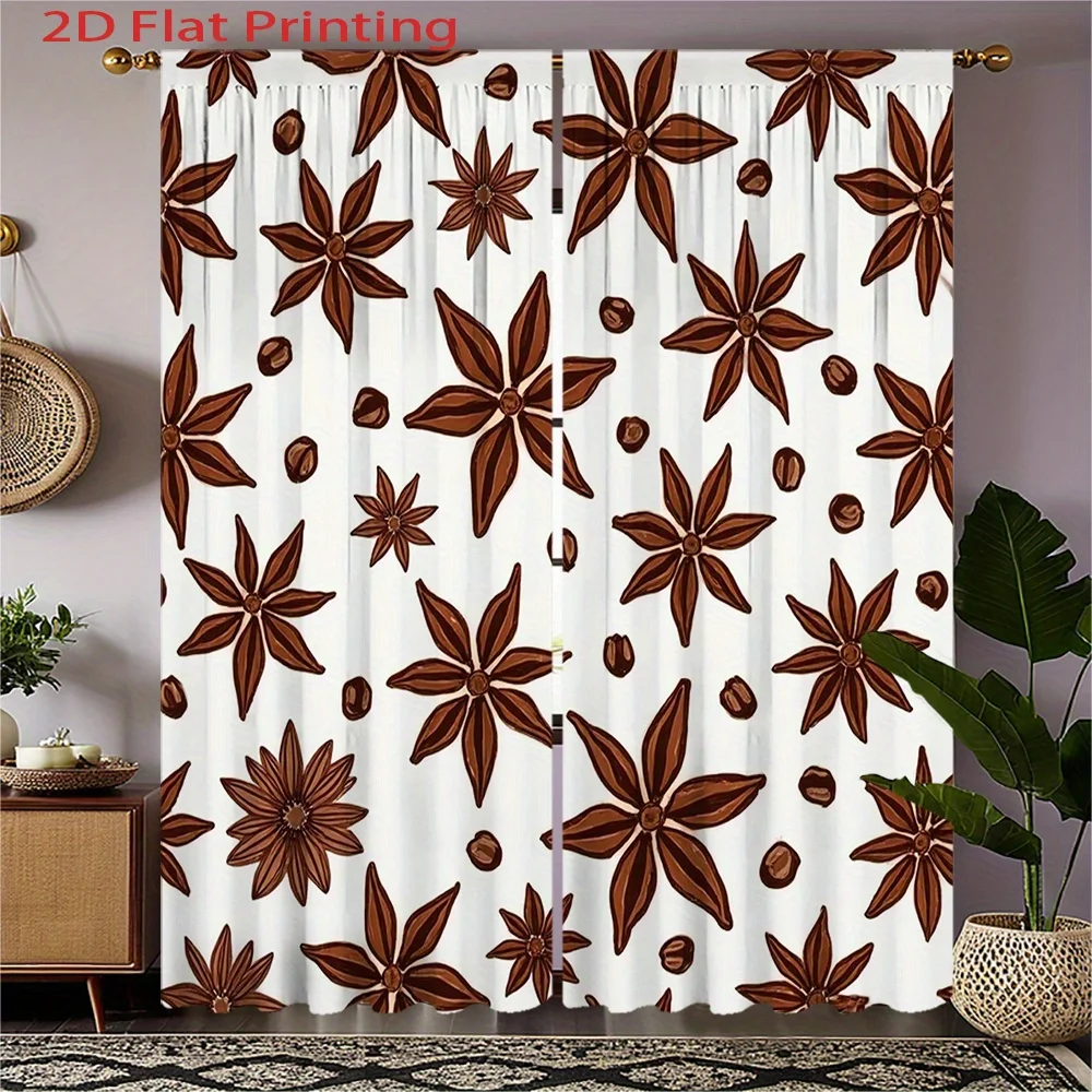 Brown Spice Curtains 2pcs – Star Anise Print on White Background, Rustic Home Decor for Kitchen and Living Room