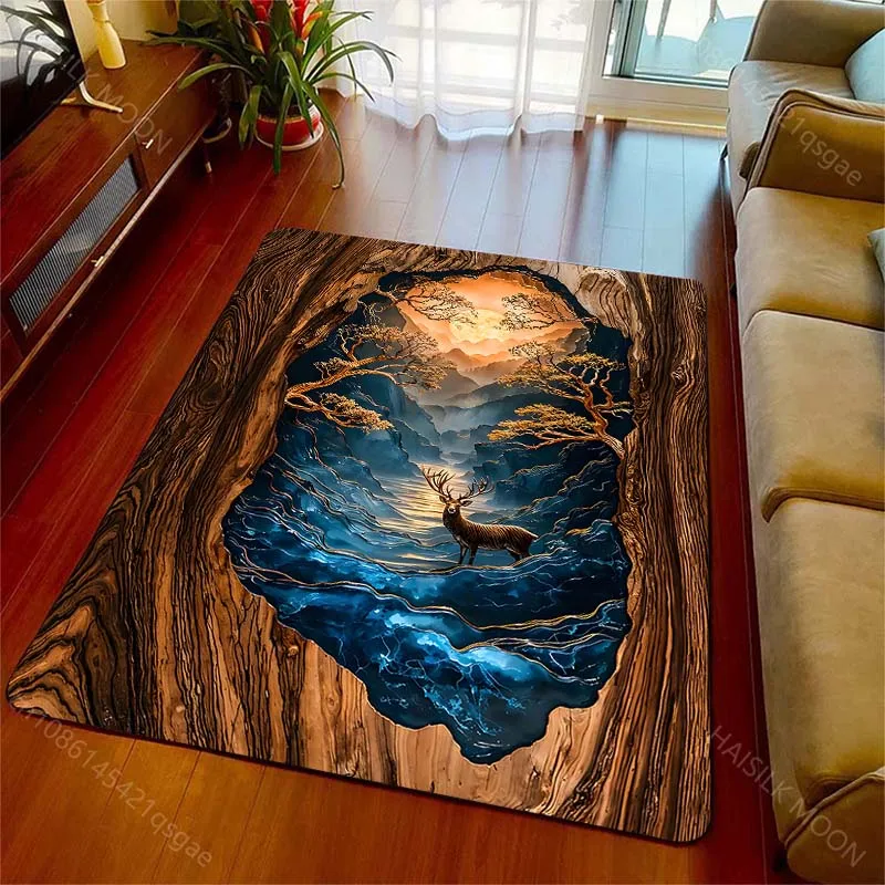 Multiple sizes Hollow tree stag blue river moonlight Print Carpet for Living Room Bedroom Sofa Home Decor Non-slip Mat Gift