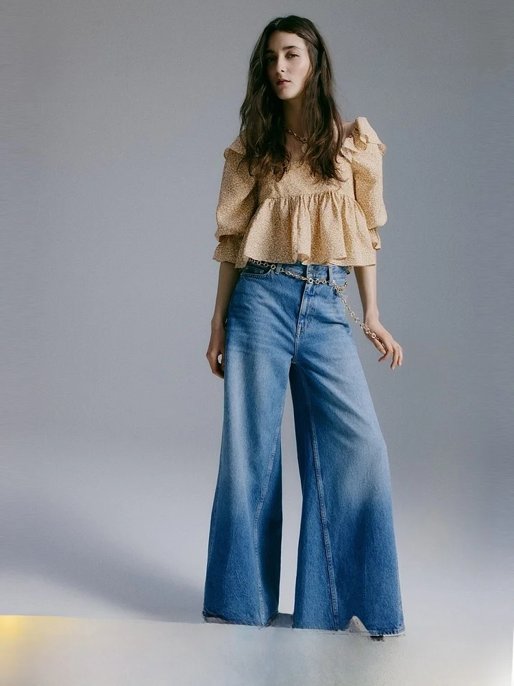 

Hm2026 Summer New Women's Ruffle Sleeve Top 1318594 Vintage Style Long Sleeve Square Collar Nylon Rayon Blend Comfortable Fit