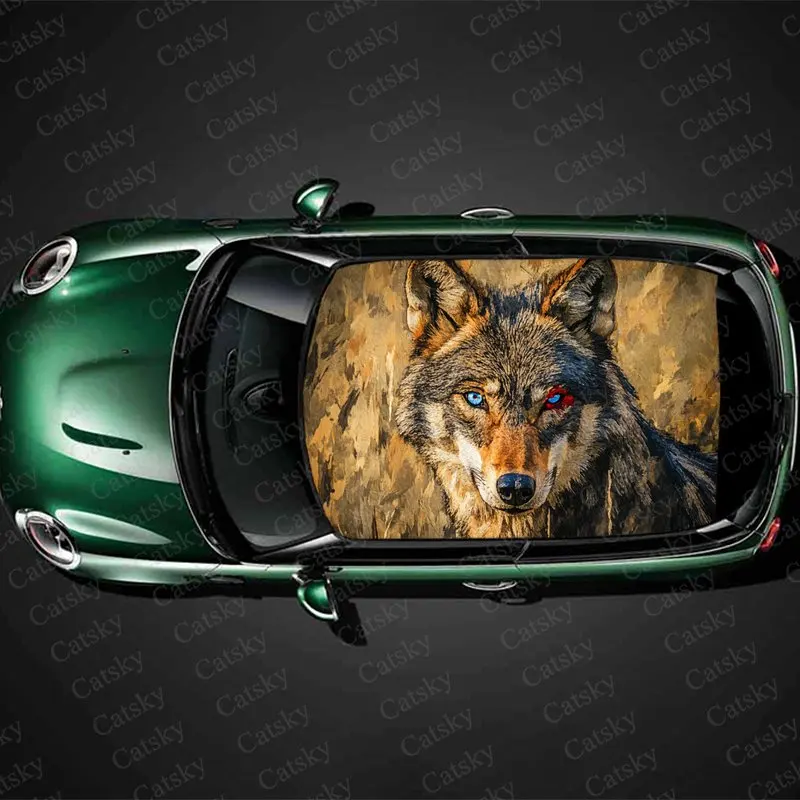 Wolf with Injured Eyes Print Car Roof Sticker Wrap Racing SUV Auto Accessories Packaging PVC Car Hood Graphic Decal Decoration