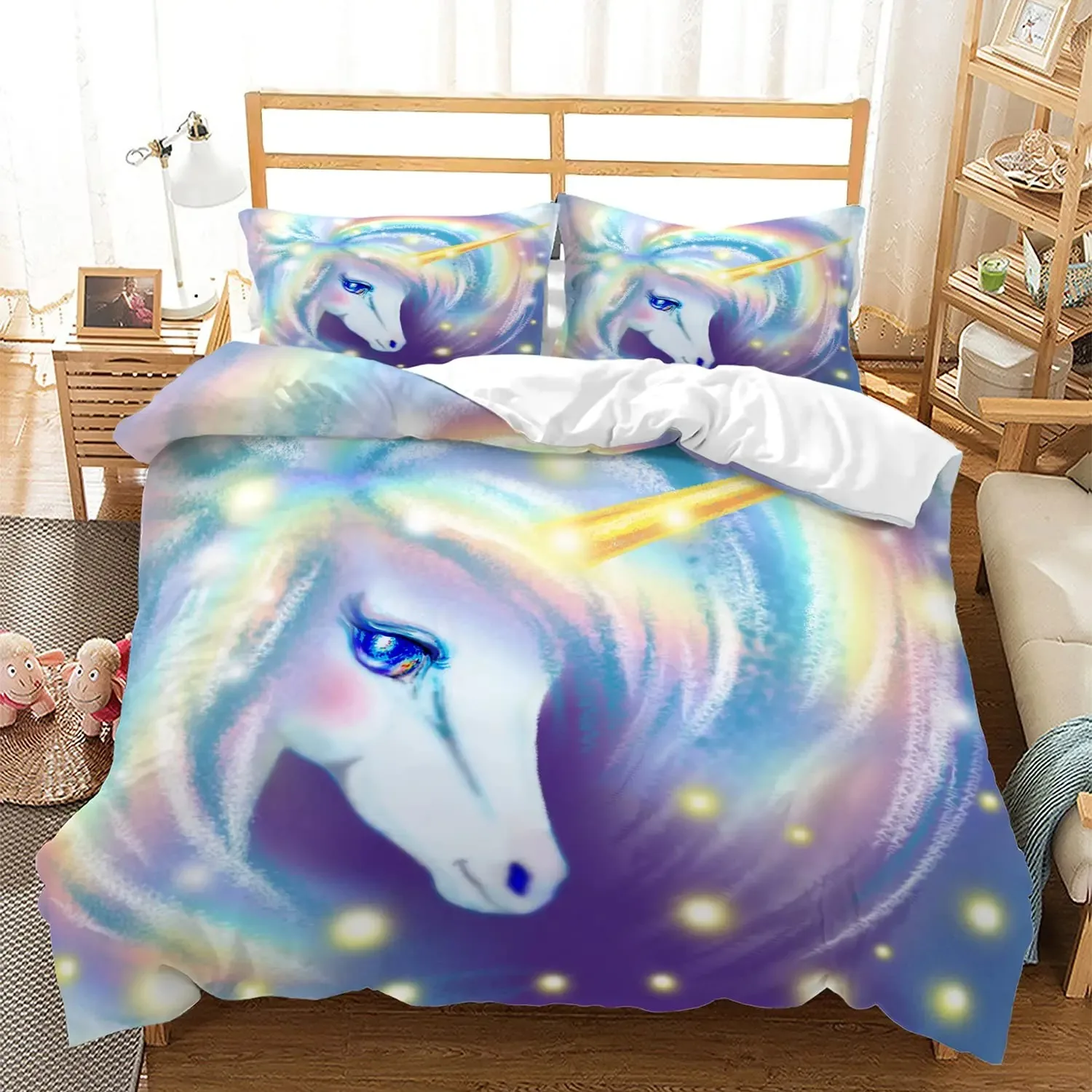 

Rainbow Unicorn Duvet Cover Set Queen Size, Glitter Rainbow Unicorn Bedding Set for Girls Teens, Rainbow Unicorn Comforter Cover