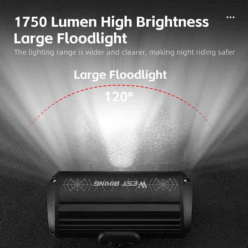 WEST BIKING 1750 Lumens Bike Light 3 LED Wide Angle Headlights Power Display Type-C Rechargable Cycling Quick Release High Beam