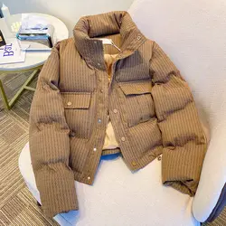 Design Cropped Puffer Jacket Autumn Winter Cotton Coat Pockets Long Sleeve Single-breasted Parkas Women Clothes Trend Streetwear