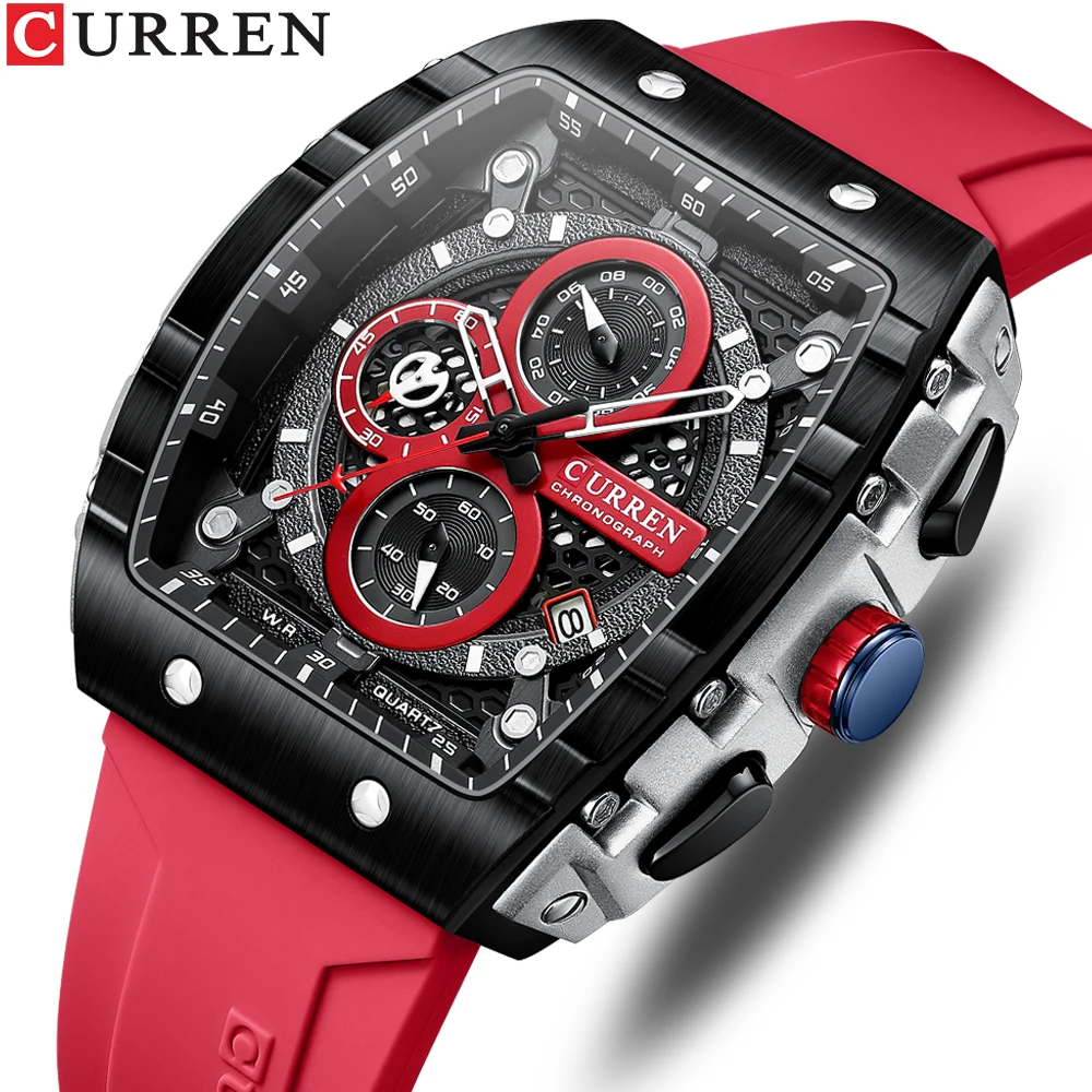 CURREN Fashion Sports Watches with Large Dial Unique RectangularHollow Design Quartz Wristwatches with Chrongraph Auto Date 8442