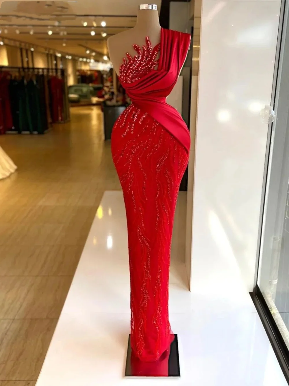 One Shoulder Long Evening Dress Luxury Beaded Pearls  Floor Length Red Formal Wedding Guest Party Dress Special Occasions Gown