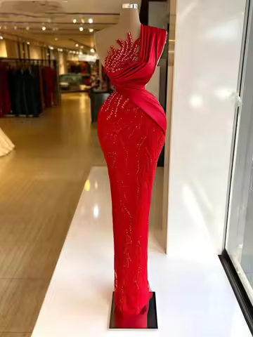 One Shoulder Long Evening Dress Luxury Beaded Pearls Floor Length Red Formal Wedding Guest Party Dress Special Occasions Gown