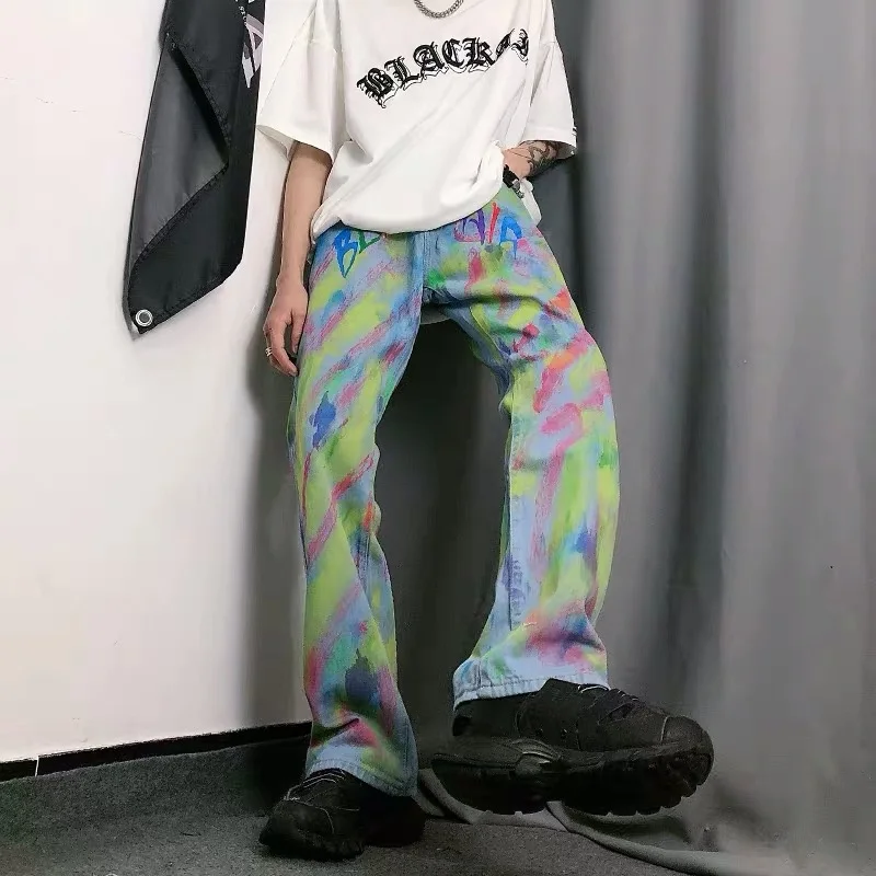 Retro 2022 Denim Jeans Hip Hop Sweatpants High Street Spray Paint Graffiti Streetwear Jogger Colorful Harajuku Men Loose Pants