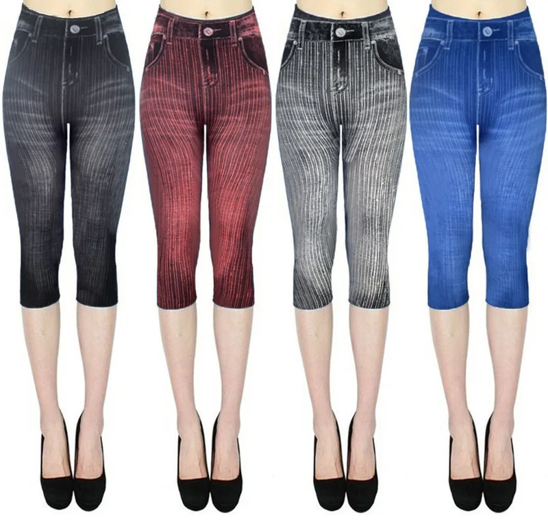 

Denim Short Leggings For Women Stretch Imitation Jeans Leggings Black Cotton Leggings Hip Lifting Printed Yoga Pants For Ladies