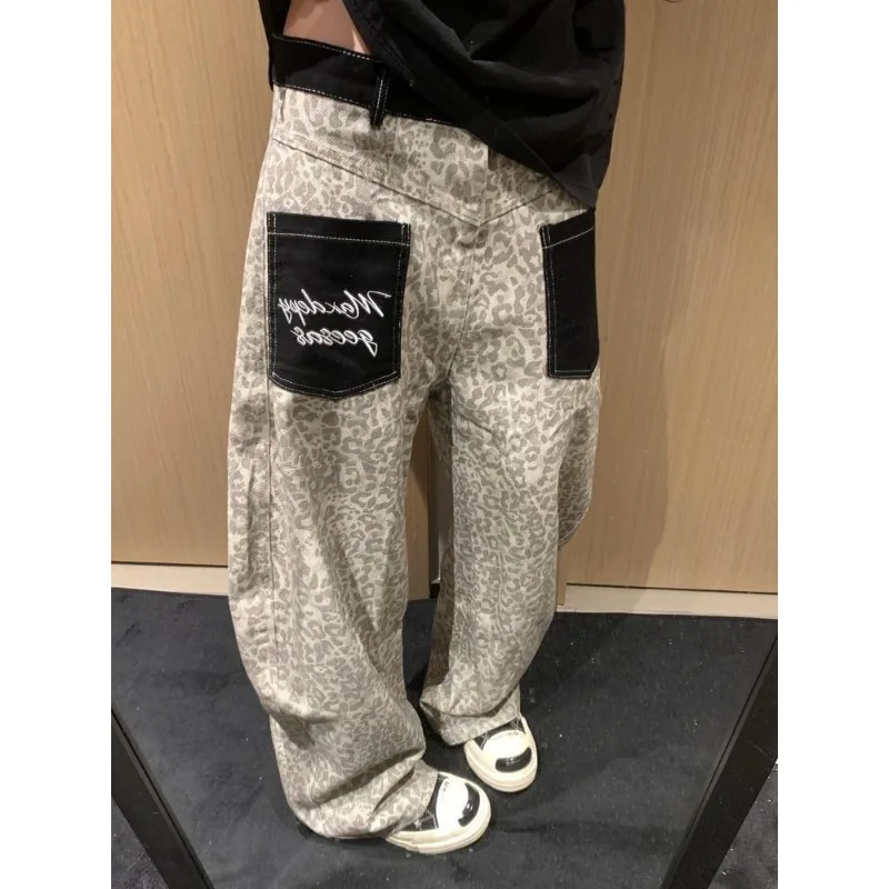 

Женские повседневные брюки прямого кроя в американском ретро-стиле с леопардовым принтом, широкие джинсы свободного кроя, износостойкий дизайн, новинка 2026 года