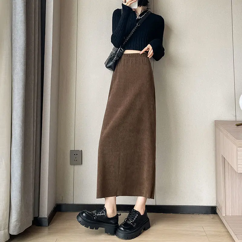 

Vintage Corduroy Skirt Women's Autumn and Winter Maillard Brown Slit High Waist Straight Skirt for Women Casual Elegant LJ211