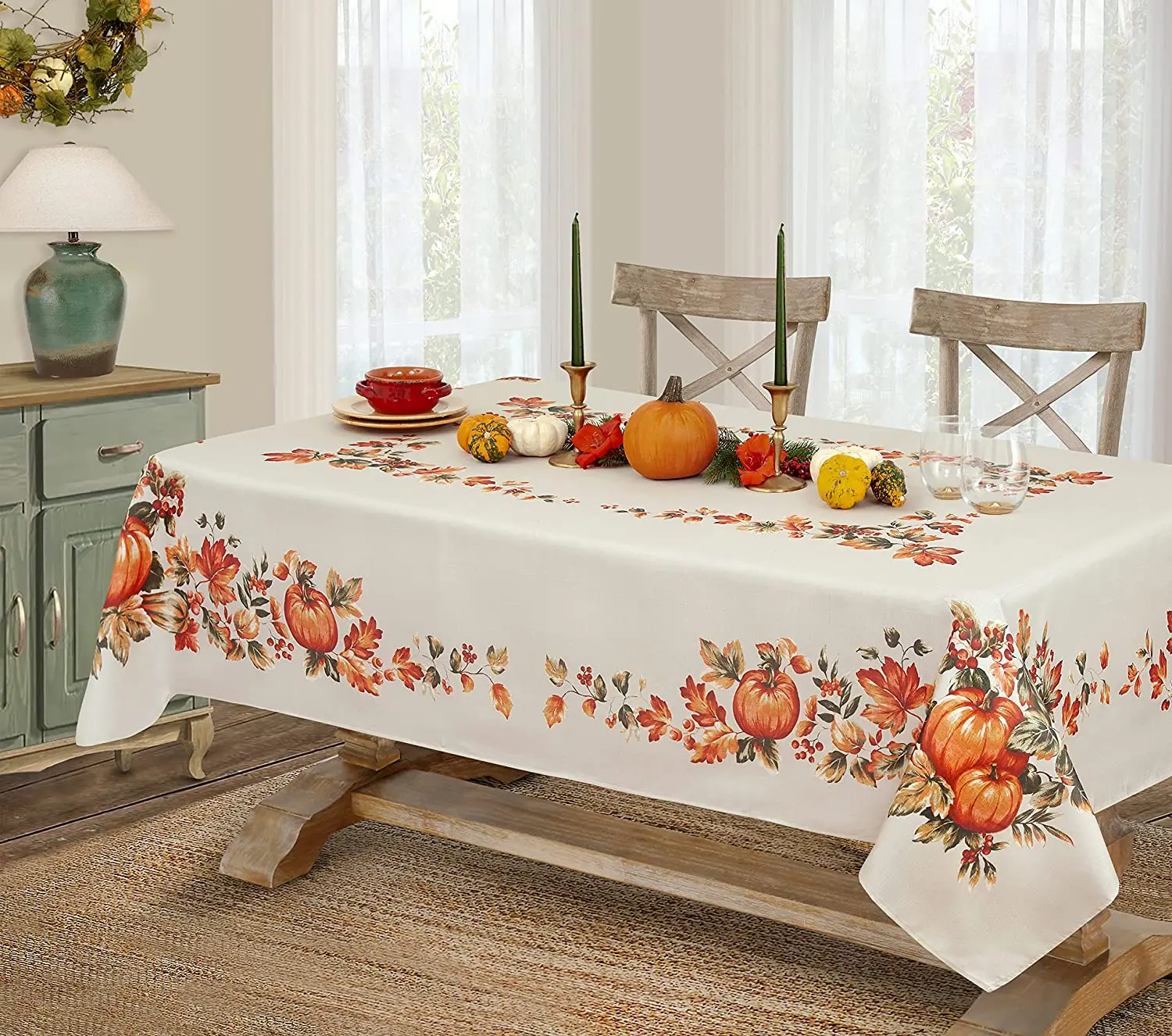 Autumn Fall Leaves Pumpkin Patch Border Rectangle Tablecloth Holiday Decorations Waterproof Fabric Tablecloth Dining Table Decor