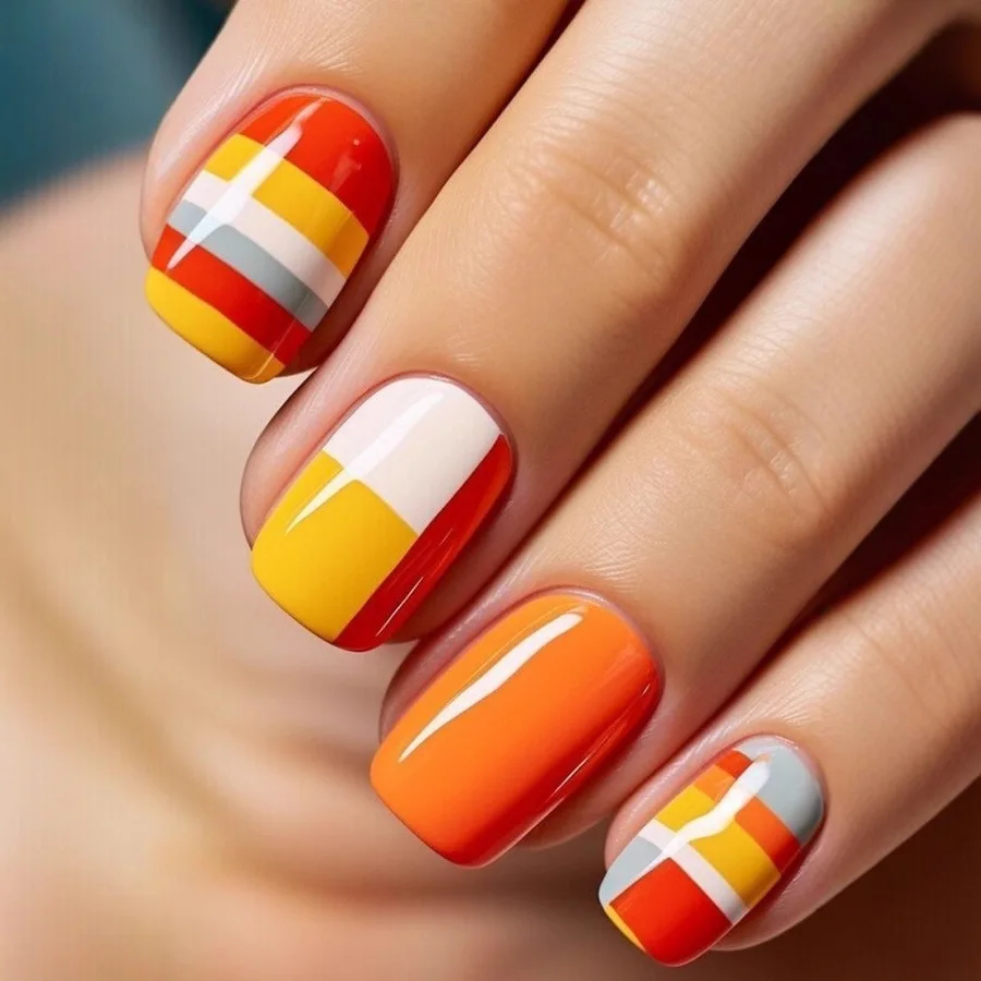 

24PCS Short European Square Manicure Patches Geometric Stripes Blooming False Nails Patches Removable Manicure Press on Nails