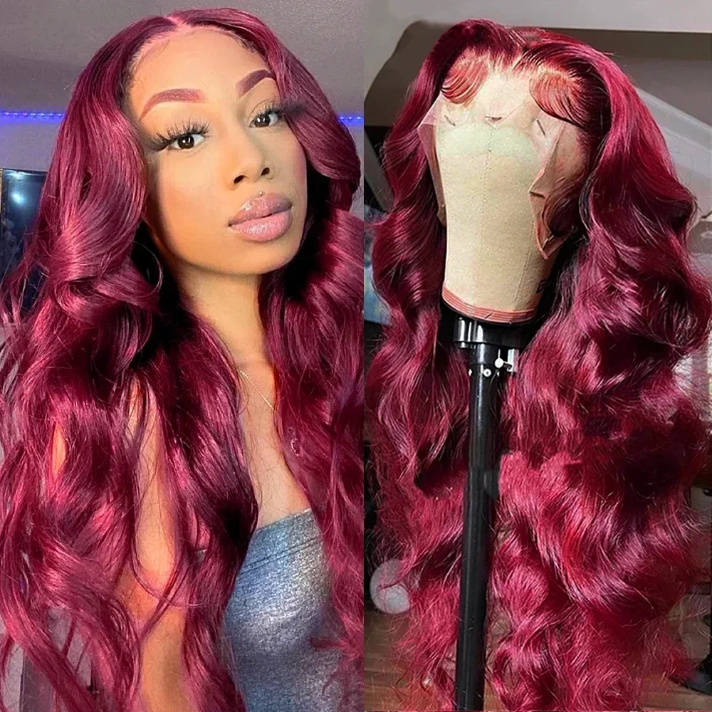 

250% 36inch Burgundy 99J 13x6 Body Wave Lace Front Human Hair Wig Pre Plucked Red Colored 13x4 Lace Frontal Wigs For Women