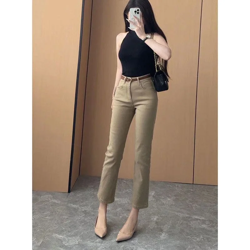 جينز كلاسيكي كاكي قديم على طراز المال مستقيم الساق للنساء 2025 ربيع الخريف جديد عالي الخصر مطاطا تسع نقاط السجائر السراويل