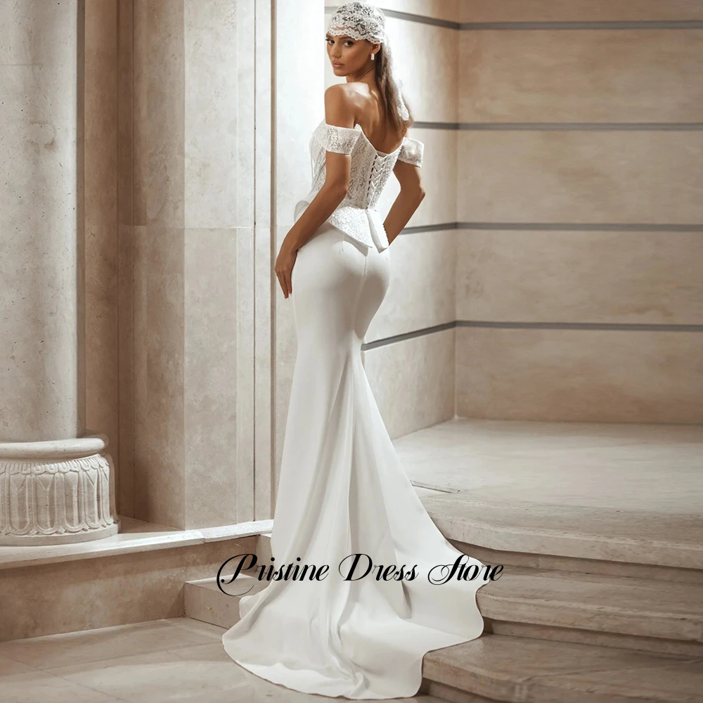 Vintage Lace Peplum Corset Mermaid Wedding Dress Customized Jersey Lace Up Back Off the Shoulder with Pearls Bridal Gowns