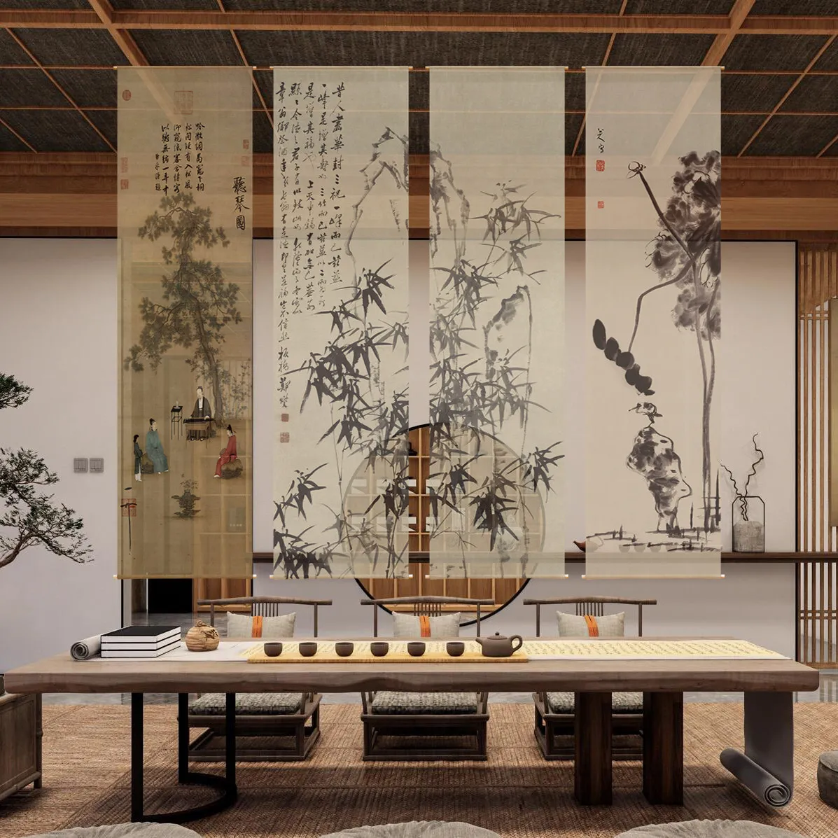 Japanese Rock Garden Hanging Divider – Semi Transparent Gauze Curtain Guqin Zen Noren for Tea Room, Tatami & Meditation Decor