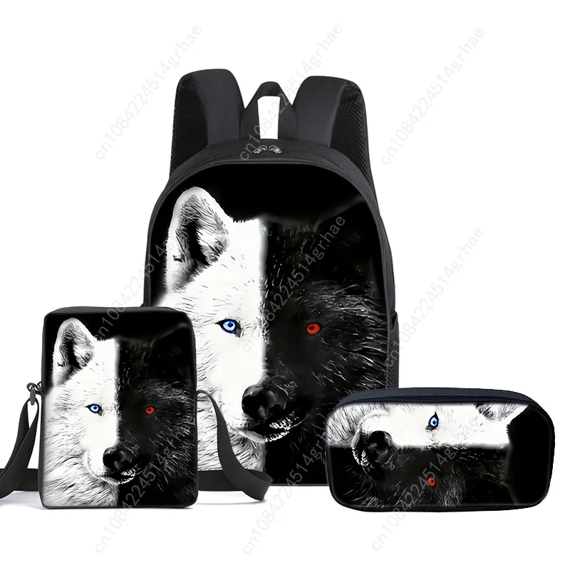 Wolf 3 Buah/Set Ransel Anak dengan Tas Kurir, Tas Pensil, Tas Sekolah untuk Anak Laki-laki/Perempuan Hadiah Terbaik Tas Sekolah Siswa Kartun 2D
