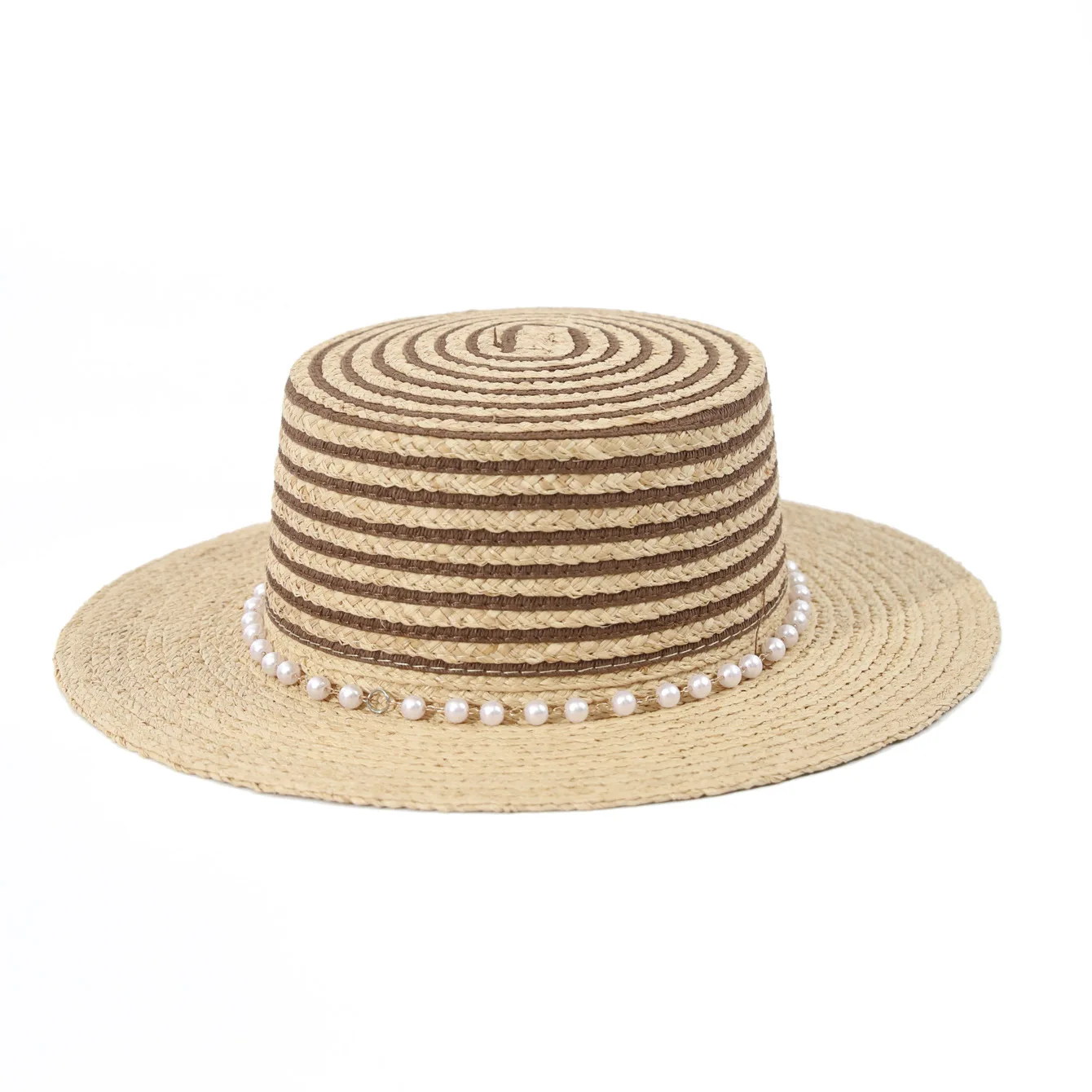 Elegant Flat Brim French Style Straw Hat Exquisite Pearl Ornament Light Portable Ideal For Holiday Photoshooting