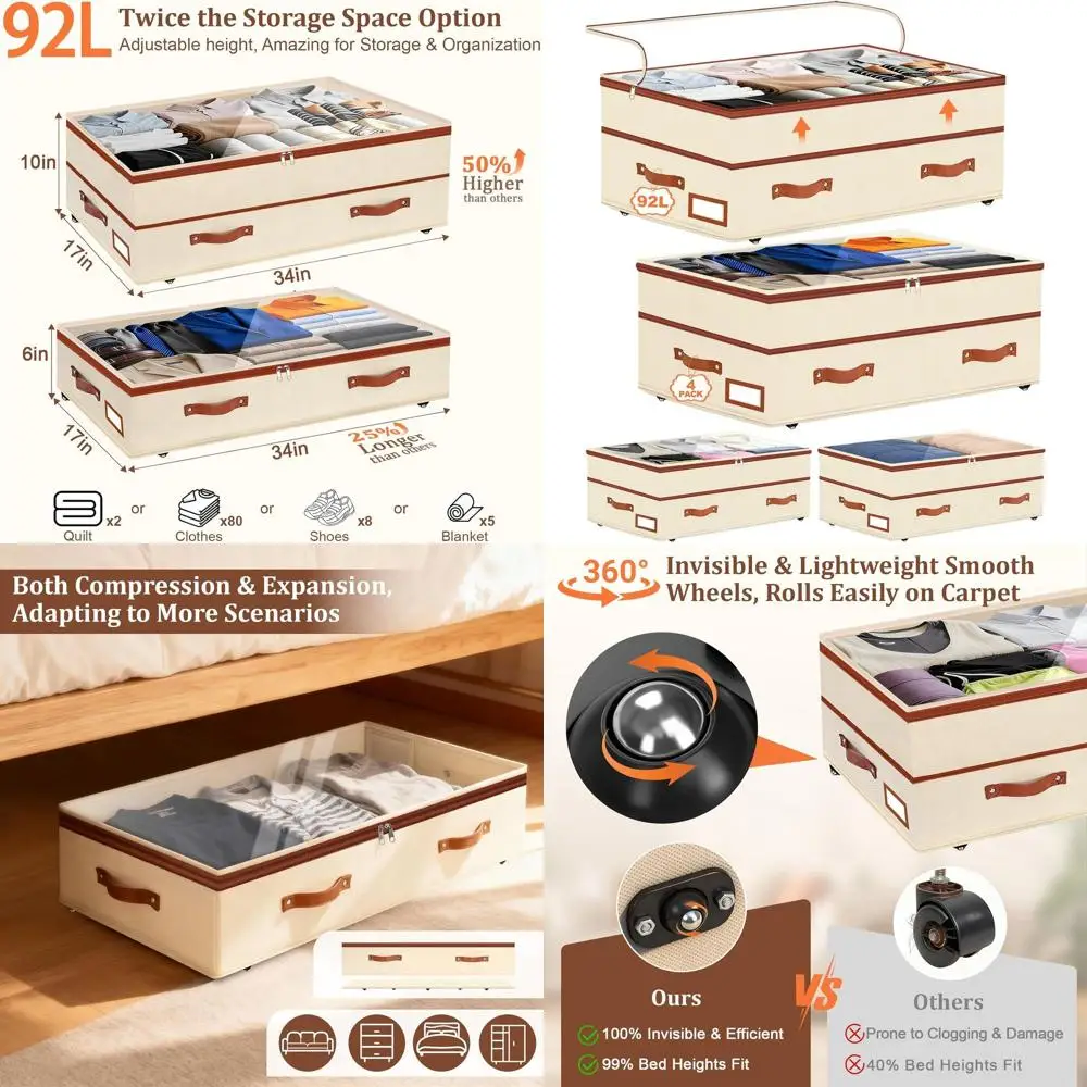 

Height-Adjustable 6-10in Underbed Storage Boxes with Wheels, 92L XXL Rolling Bins for Dorms and Clothes (Beige)