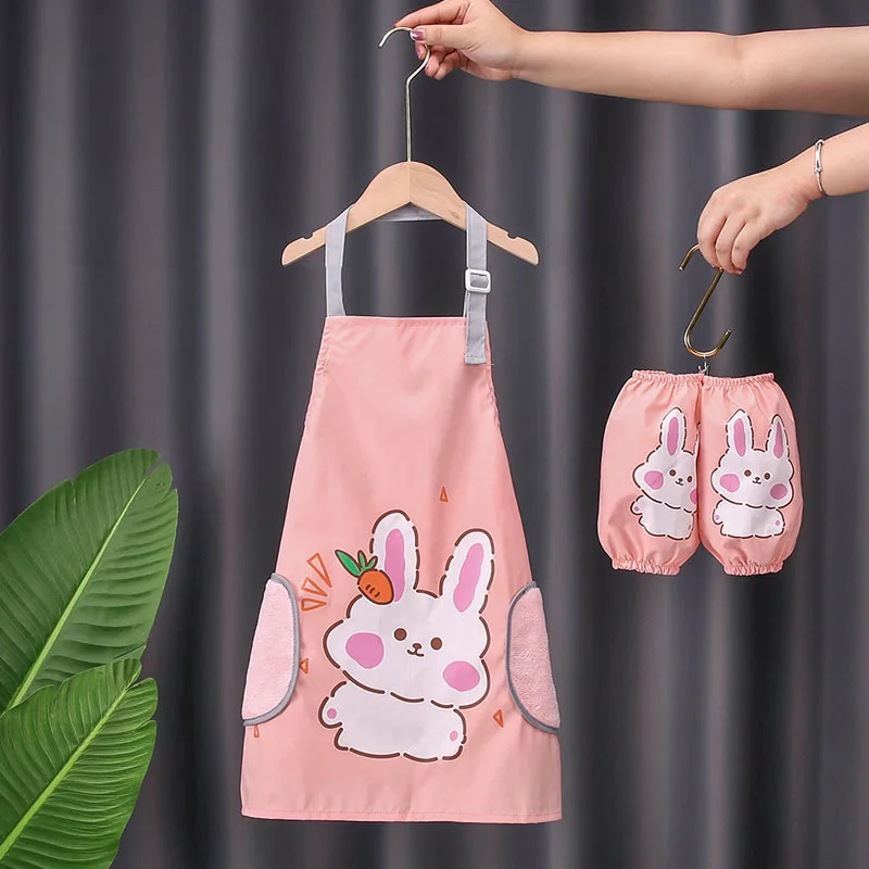 3-12Y Children Apron with Sleeve Set Waterproof Art Smock Painting Apron for Boys Girls Wipe Hands Kindergarten Child Eating Bib