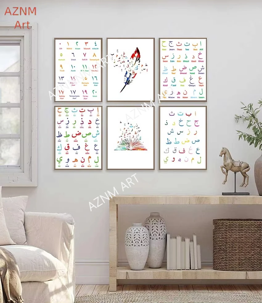 Gemälde Arabische Buchstaben Alphabete Ziffern Poster Drucke Kinderzimmer Wandkunst Dekoration Islamische Leinwand