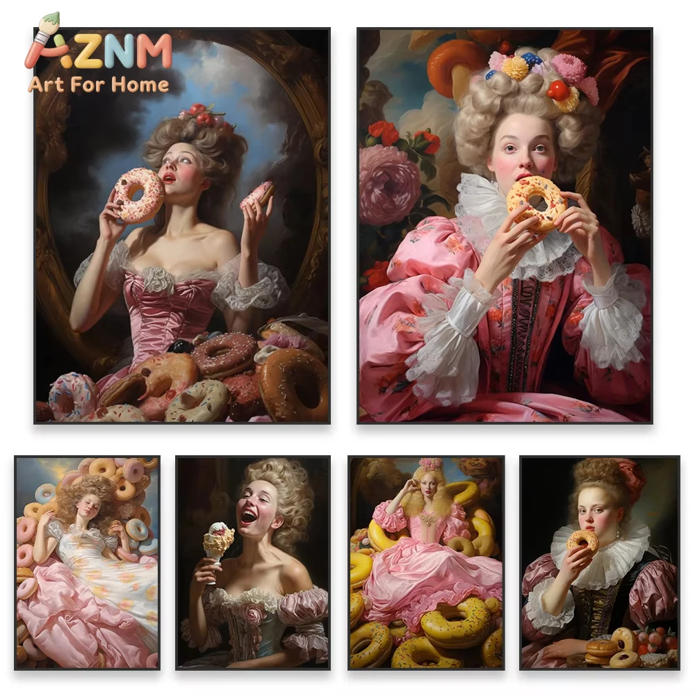 

1 шт. Забавный постер с портретом женщины в стиле алтернативного искусства, картина с изображением женщины с пончиком, винтажный барочный принт на холсте, декор для бара