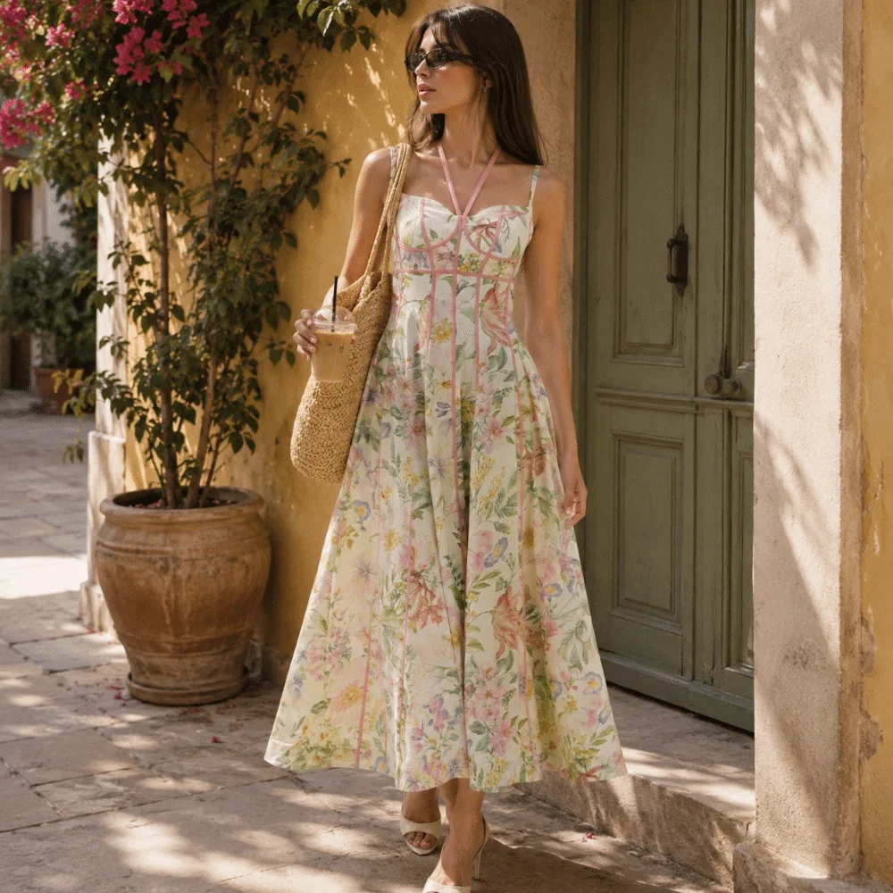 Elegant Flower Floral Printed Dress Waist-cinching Summer A-Line Dress Sweet Beachwear Lady Halter Dress Summer Season