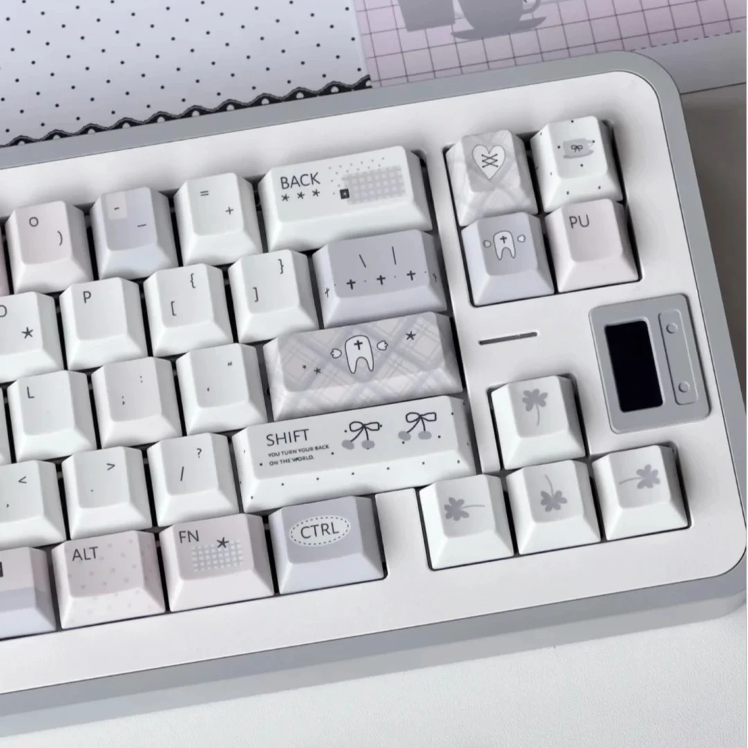 MAIMOOO Cute Gray Pink Keycap Cherry Profile PBT Dye Sublimation Custom Plaid Bow Keycaps for Mechanical Keyboard Girls Gifts