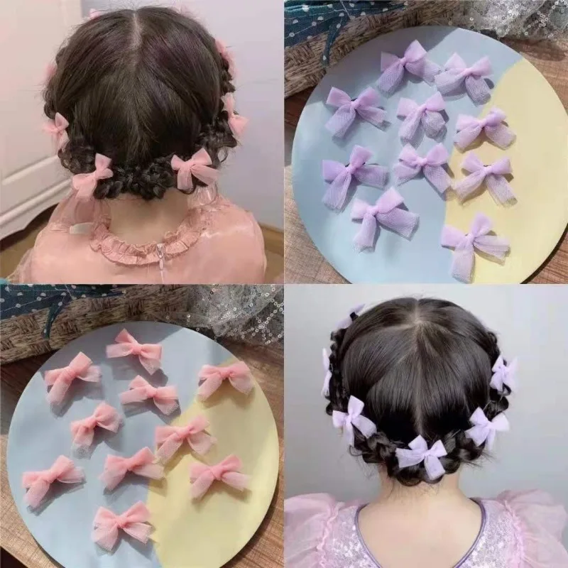 10pcs Girls Mini Ribbon Bowknot Hairpins Cute Children Mesh Handmade Hair Bow Duckbill Clip Korea Kids Hair Accessories Headwear