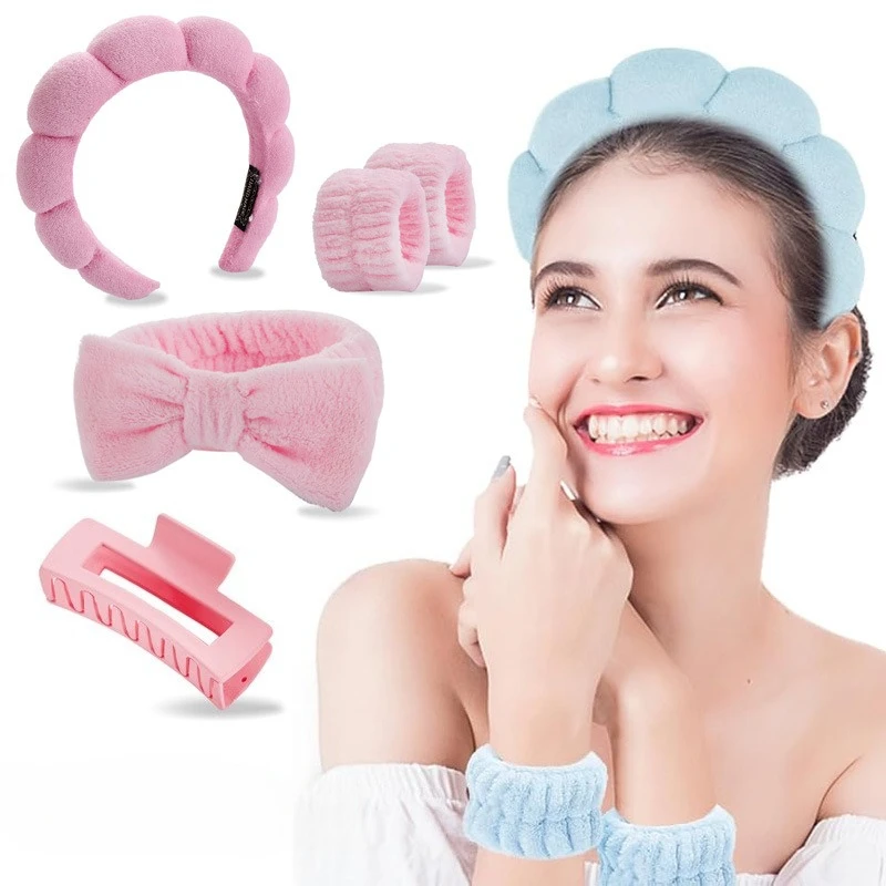 

5pcs/Set Sponge Spa Headband for Washing Face Coral Fleece Hairband Wristbands Skin Care Makeup Removal Shower for Women Girls
