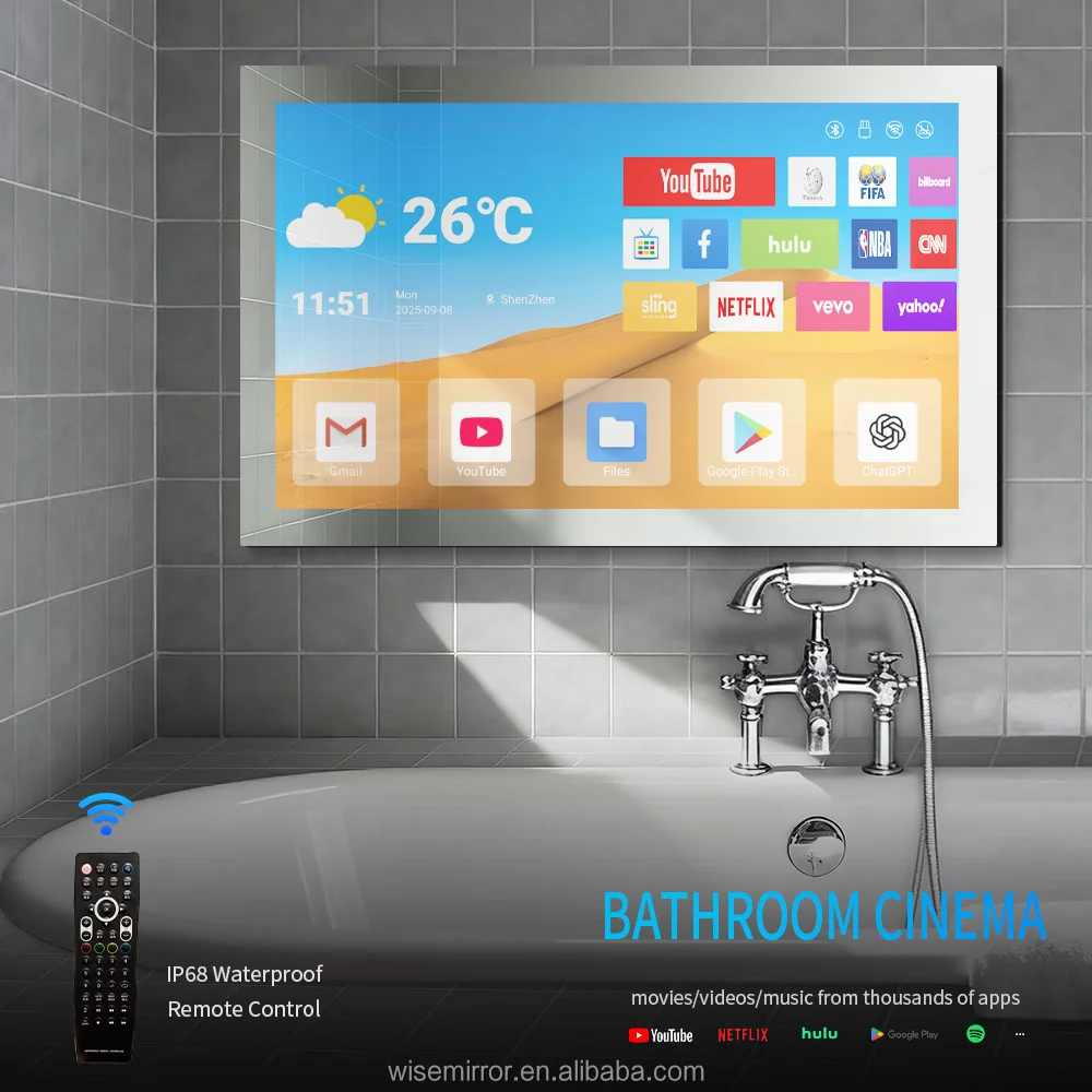 WiseMirror All-in-One Smart Android Mirror TV With HD LAN Touch Screen For Home Bathroom Commercial Washroom
