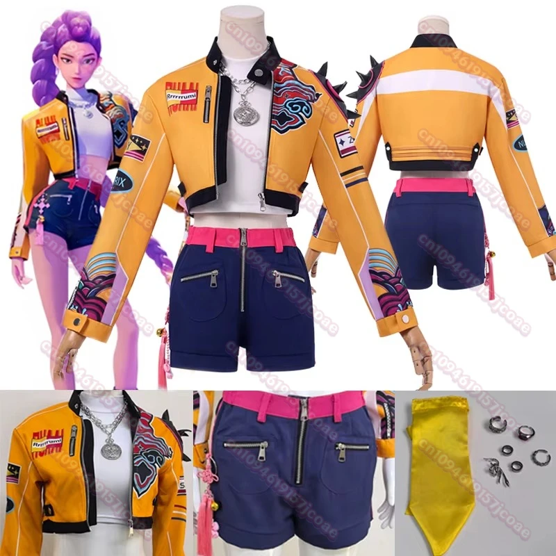 

New Rumi Cosplay Costume Anime Movie KPop Demon Hunters Yellow Jacket Huntrix Uniform Earrings Shorts Halloween Women Girls