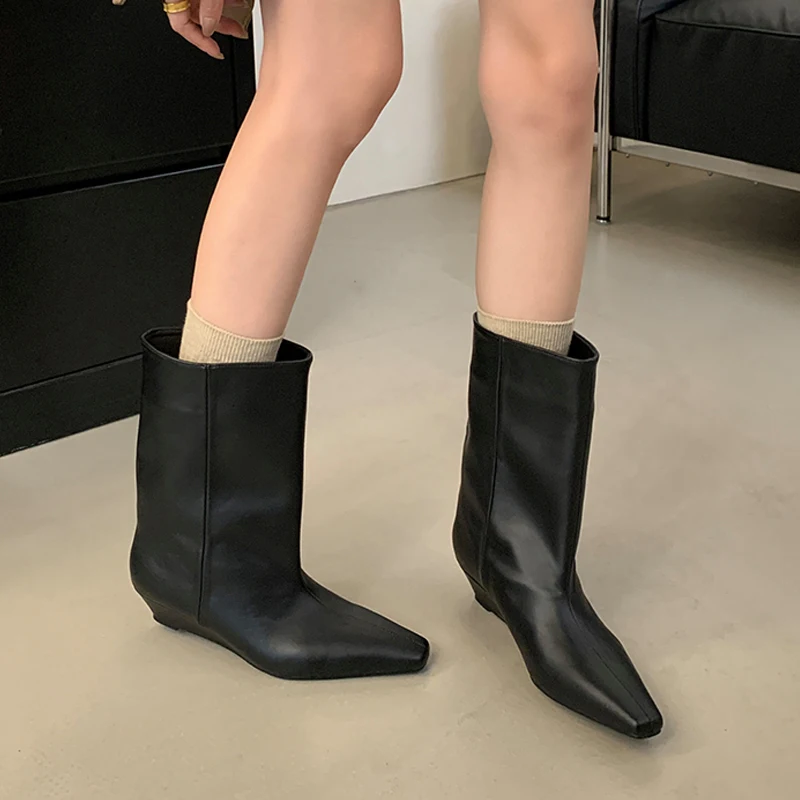 Street Style Autumn Winter Sexy Ankle Boots Women Pointed Toe Party Dress Pumps Shoes Wedges Modern Short Botas Zapatos De Mujer