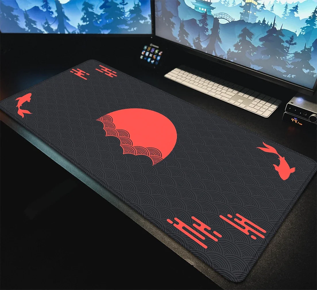 Japanese Desk Mat Black & Red Mouse Pad Koi Fish Sun Cloud Japan Art Seal Sunrise Large Gaming Deskmat Leather Mousepad 90x45