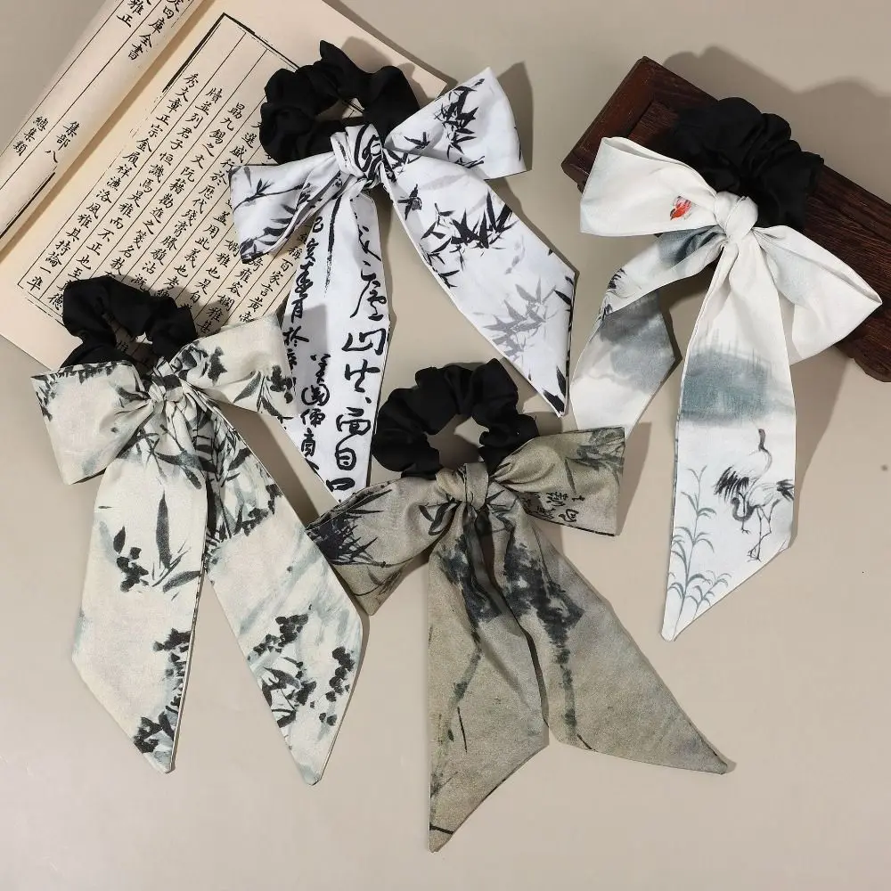 Bow Ribbon Hair Rope For Women Girl Hair Accessories Ink Painting Scarf Hair Tie Ancient Style Hair Band Hanfu Headwear