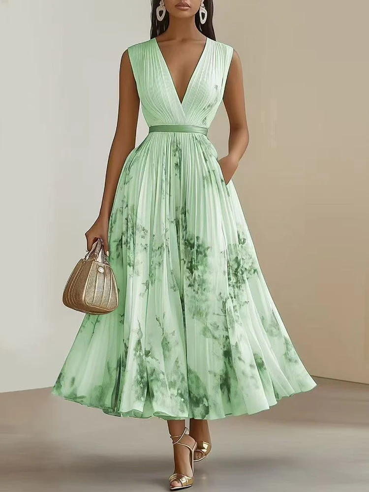 Women Vintage V-Neck Retro Printing Slim A-Line Dress Sleeveless Party Dress Summer Elegant Fashion Ladies Dresses Vestidos 2026