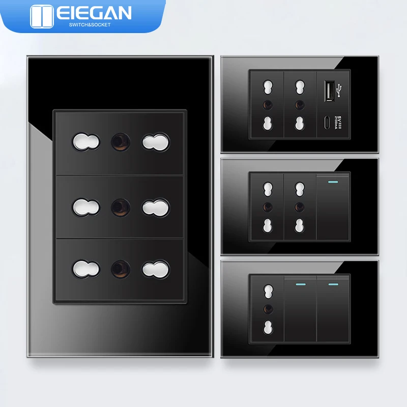 

ELEGAN Black Tempered Glass Panel Italy Standard Type-C EU Outlet Plug Wall Socket Light Switch EU 1/2/3/4/5/6Gang Switch Home