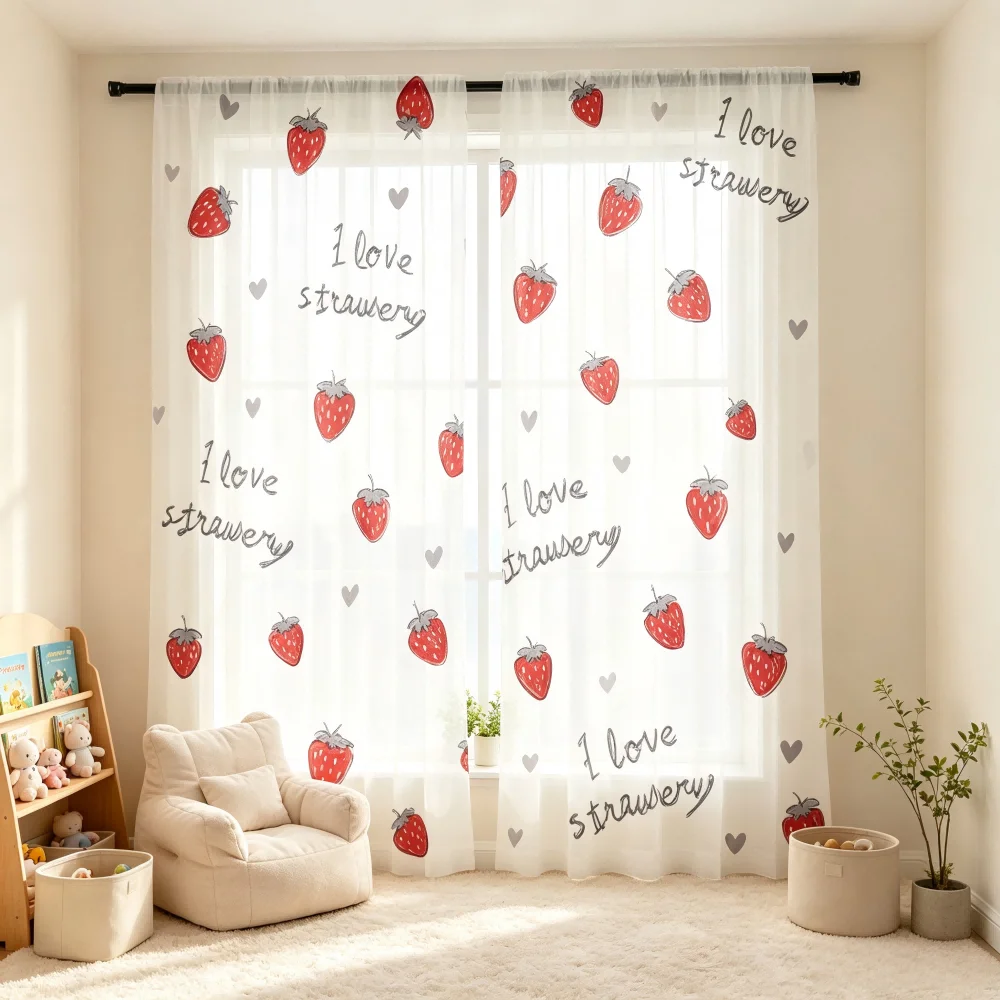 2PCS Digital Print Sheer Curtain, I Love Strawberry, Sweet Cute Fruit Berry Red - Voile Drapes for Bedroom Living Room Decor