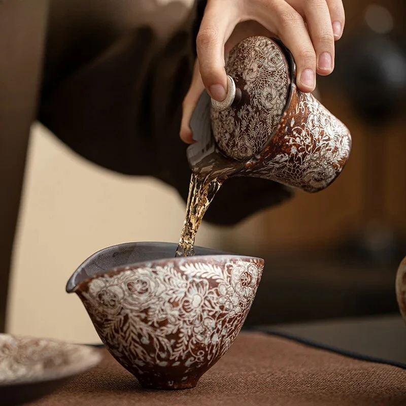 150ml Retro Gilded Silver Flower Mouth Gaiwan Zen Coarse Pottery  Tea Tureen Household Tea Maker Cover Bowl Chinese Tea Set Gift