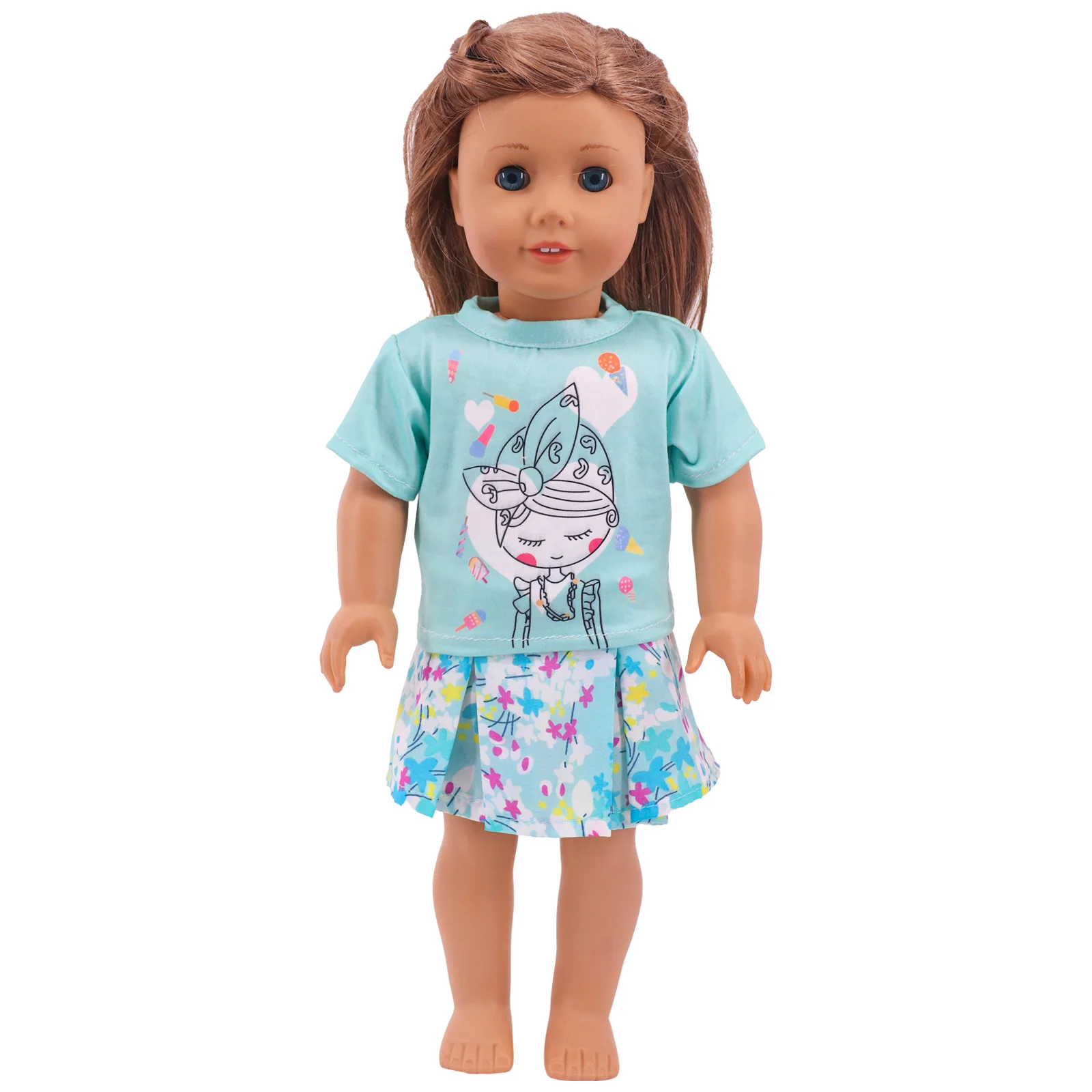 Doll Clothes Summer Short Sleeve + Skirt Cartoon Character Print For 18 inch American Clothes for 43 Cm Bron Baby Our Generation